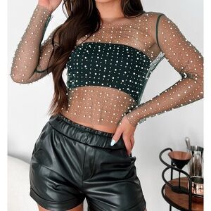 Elegant Black Sheer Top with Pearl Embellishments